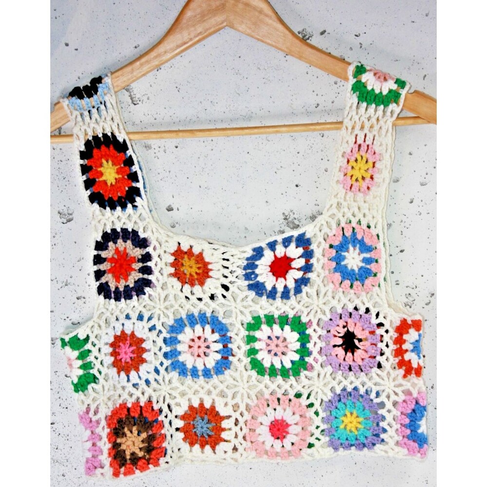 Boho Crochet Hand Knit Crop Top Granny Squares size Medium - Picture 1 of 4